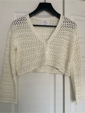 Zara Cream Open-Knit Cropped Cardigan